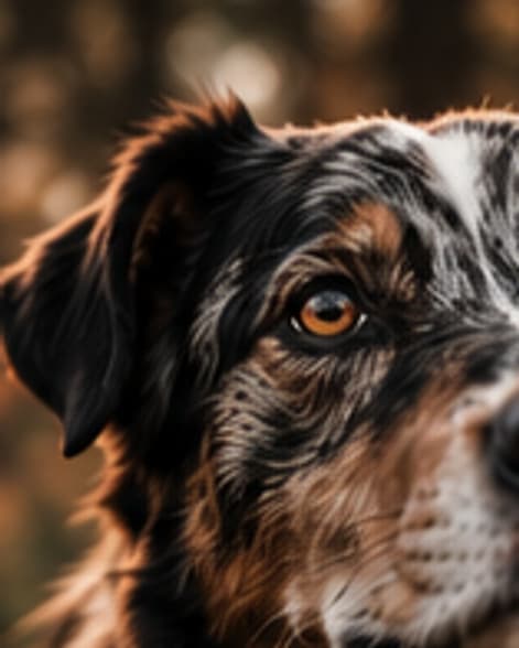 Hond kijkt recht in de lens, warme achtergrond